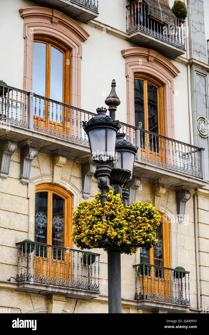 Blumen, Laternenpfosten und Balkontüren in Granada, Spanien. Stockfoto