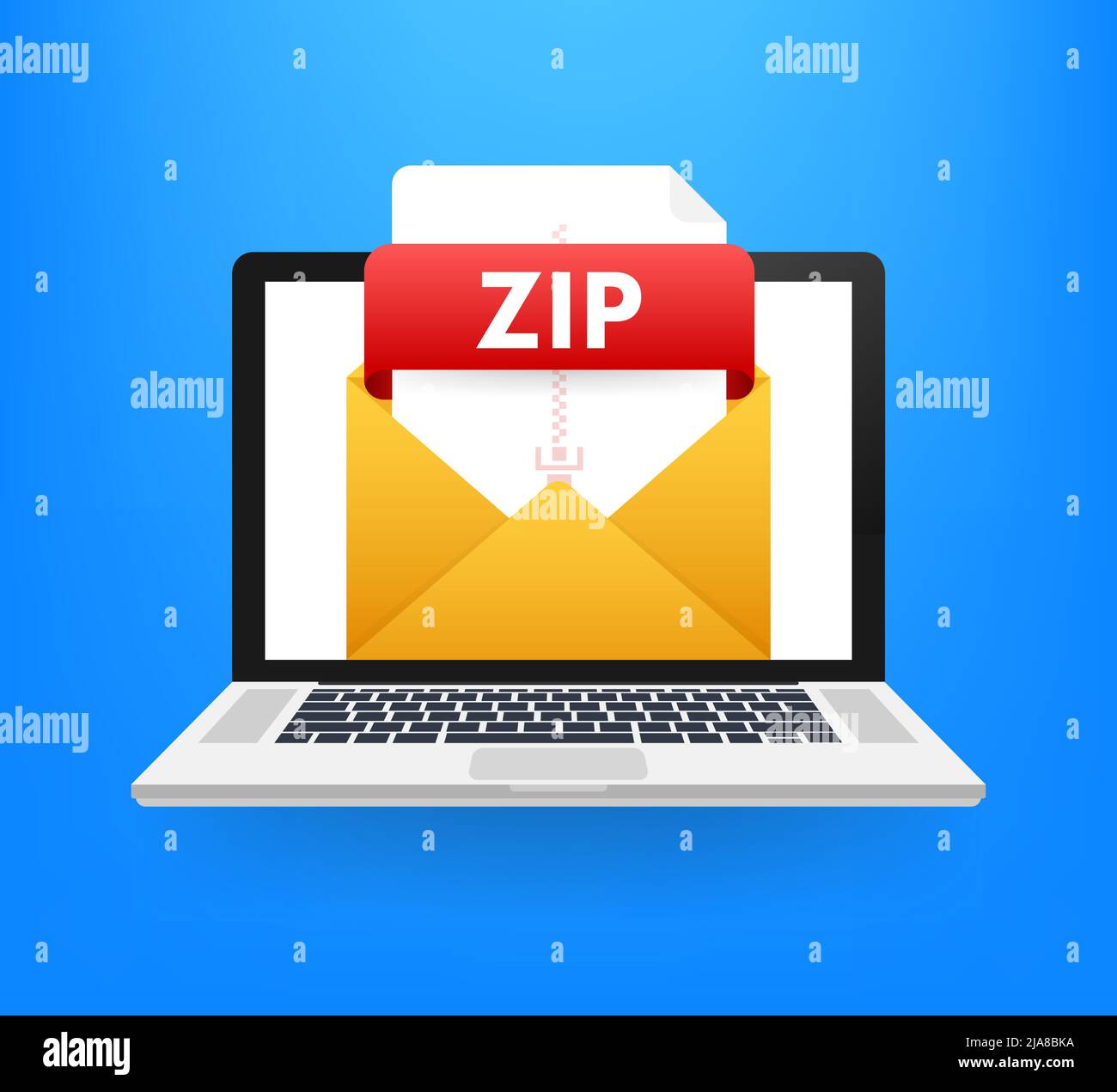 Download ZIP-Taste auf dem Laptop Bildschirm. Download Dokument Konzept. Datei mit zip Etikett und dem Pfeil nach unten. Vector Illustration. Stock Vektor