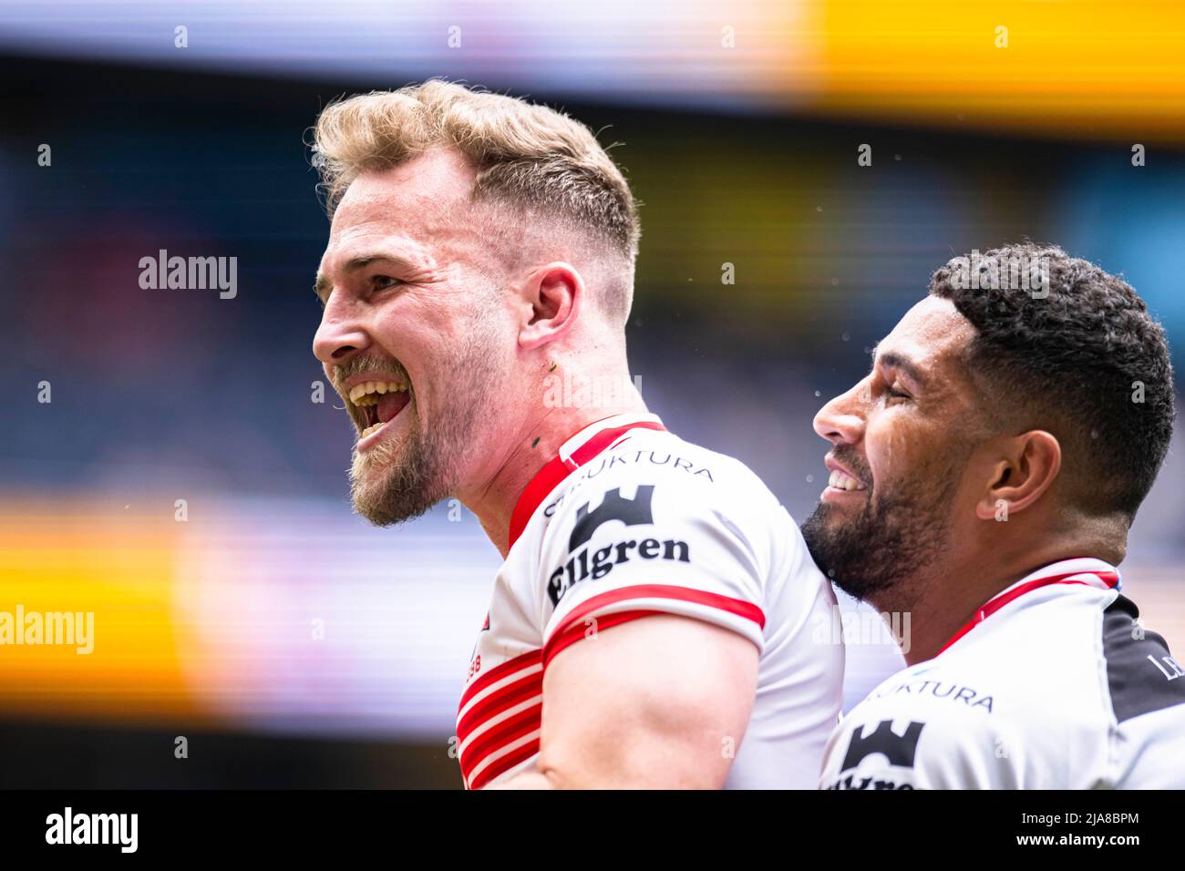 LONDON, GROSSBRITANNIEN. 28., Mai 2022. Ben Reynolds von Leigh Centurions feiert einen Versuch während des ab Sundecks 2022 Cup Finales 1895 - Featherstone Rovers vs Leigh Centurions im Tottenham Hotspur Stadium am Samstag, den 28. Mai 2022. LONDON, ENGLAND. Kredit: Taka G Wu/Alamy Live Nachrichten Stockfoto