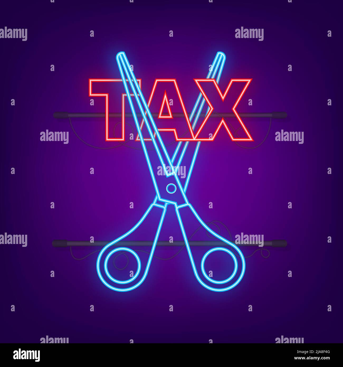 Tax Cut im Neon-Stil auf schwarzem Hintergrund. Vektorgrafik, Zeichentrickfigur. Bearbeitbare Kontur. Stock Vektor
