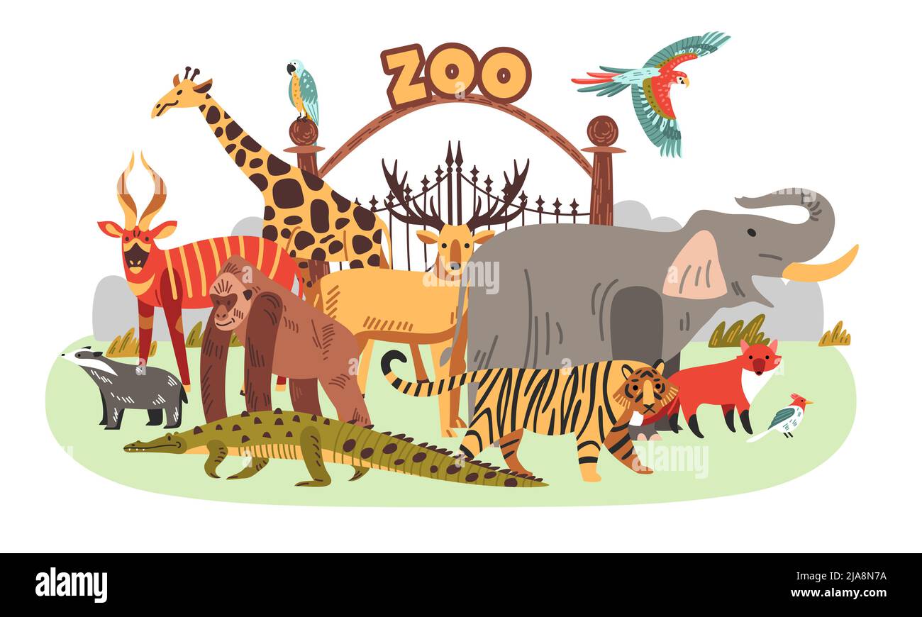 Zoo farbige Zusammensetzung verschiedene große Tiere stehen vor dem Zoo-Tore Vektor-Illustration Stock Vektor