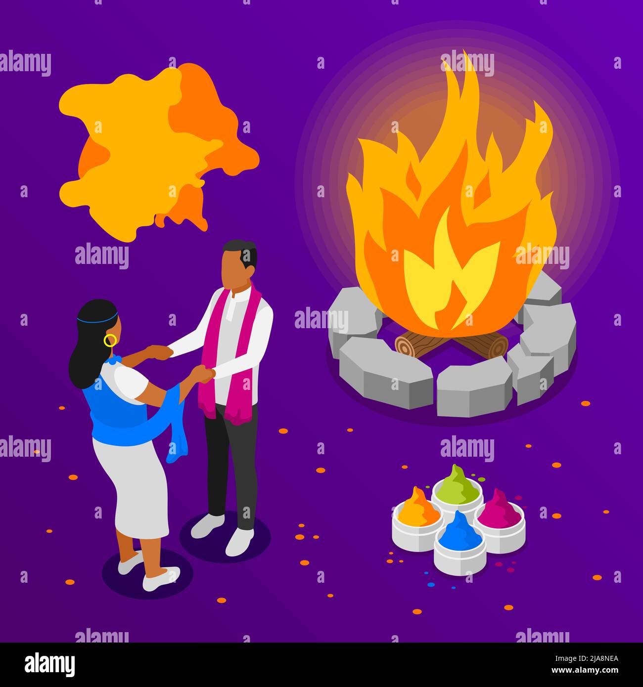 Happy holi Festival der Farben violett Hintergrund mit tanzenden indischen Paar Lagerfeuer und bunte Puder Set isometrische Vektor Illustration Stock Vektor