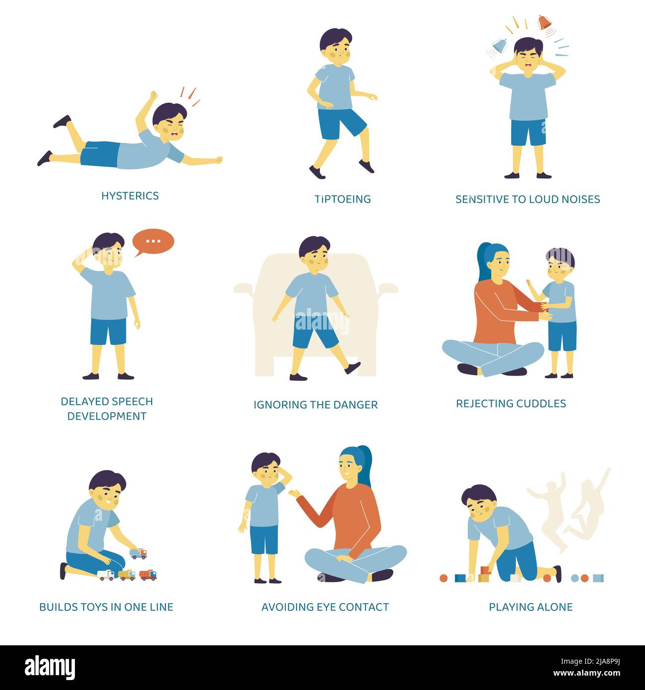 Flache Autismus-Zeichen gesetzt, mit Kind allein spielen tiptoeing Vermeidung von Augenkontakt in Hysterie und andere Symptome isoliert Vektor-Illustration Stock Vektor