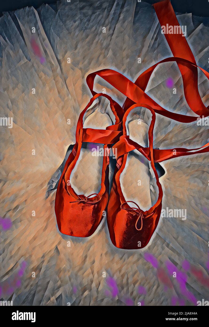 Rotes Ballett spitzenschuhe, die auf einem schwarzen Tutu ruhen. Stockfoto