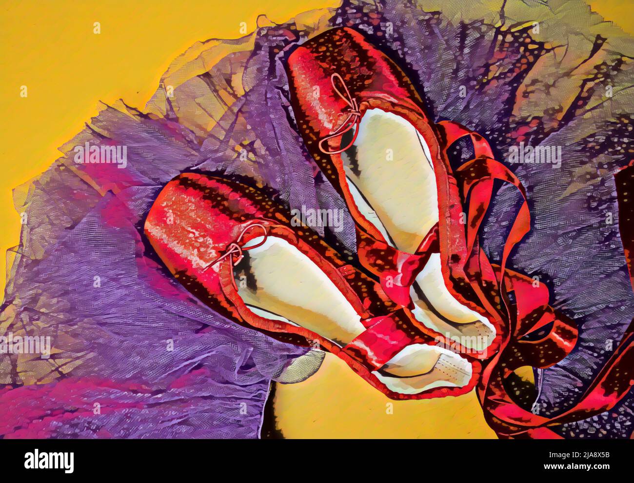 Rote Ballet spitzenschuhe auf einem violetten Tutu und einem gelben Hintergrund. Stockfoto