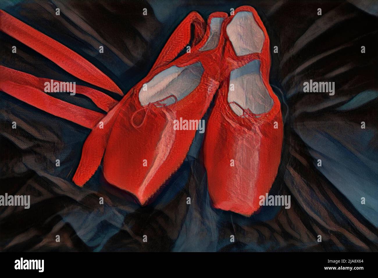 Rotes Ballett spitzenschuhe, die auf einem schwarzen Tutu ruhen. Stockfoto