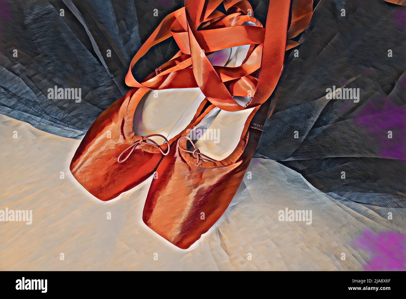 Rote Ballet spitzenschuhe, die auf einem weißen und schwarzen Tutu ruhen. Stockfoto