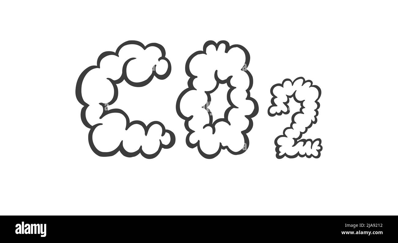 CO2, Kohlendioxidemissionen, Symbol mit trüben Buchstaben. Flache Abbildung isoliert auf weißem Hintergrund. Stockfoto