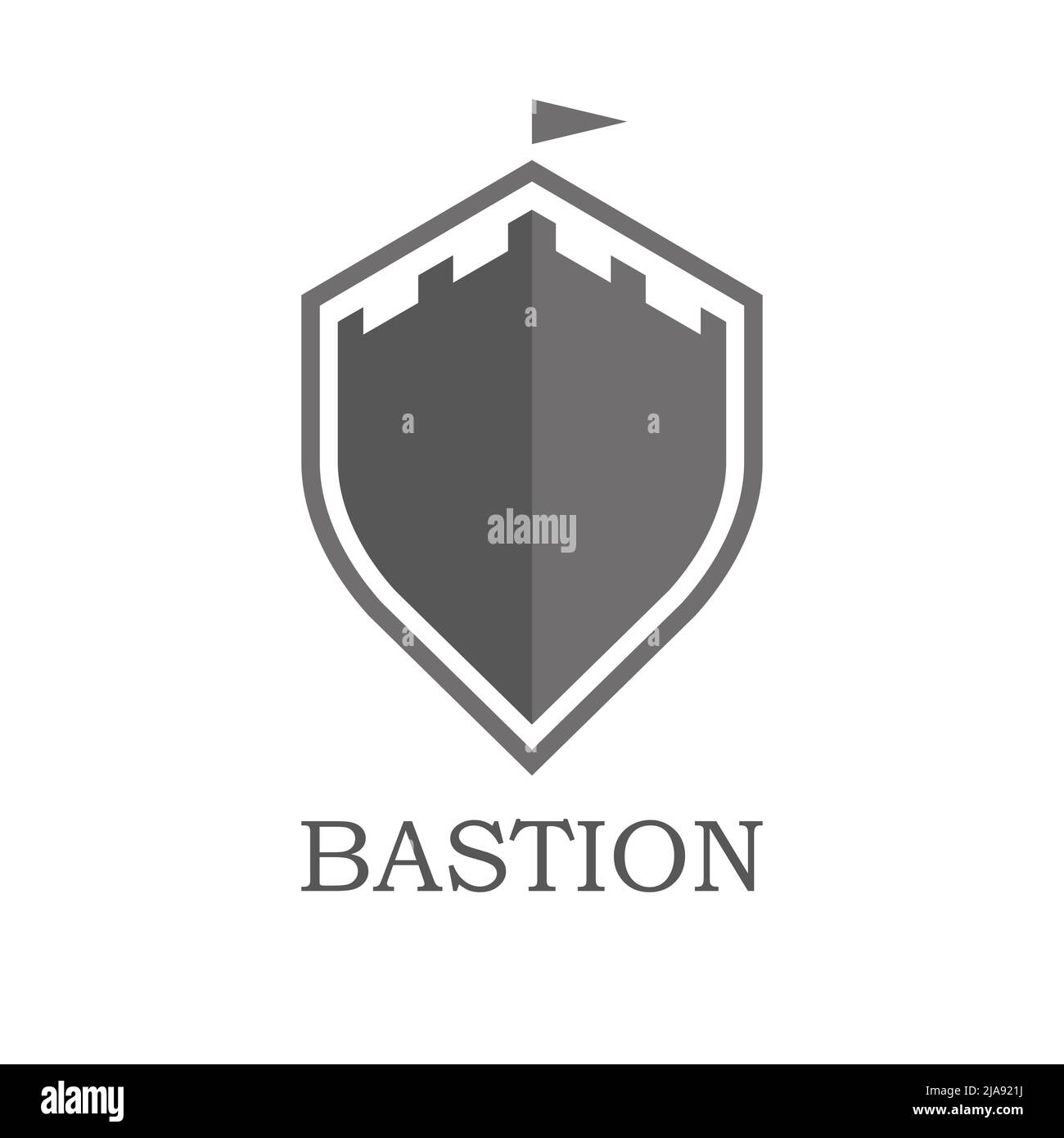 Schild geformtes Schloss Emblem. Bastion, Wachturm. Märchenhafte Festung. Flache Abbildung isoliert auf weißem Hintergrund. Stockfoto