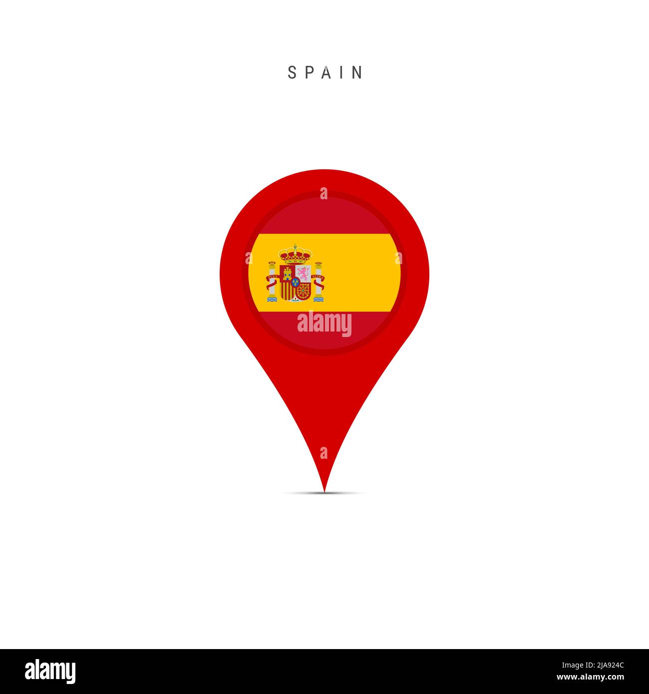 Teardrop-Kartenmarkierung mit Flagge Spaniens. Spanische Flagge in den Pin der Positionskarte eingefügt. Flache Abbildung isoliert auf weißem Hintergrund. Stockfoto