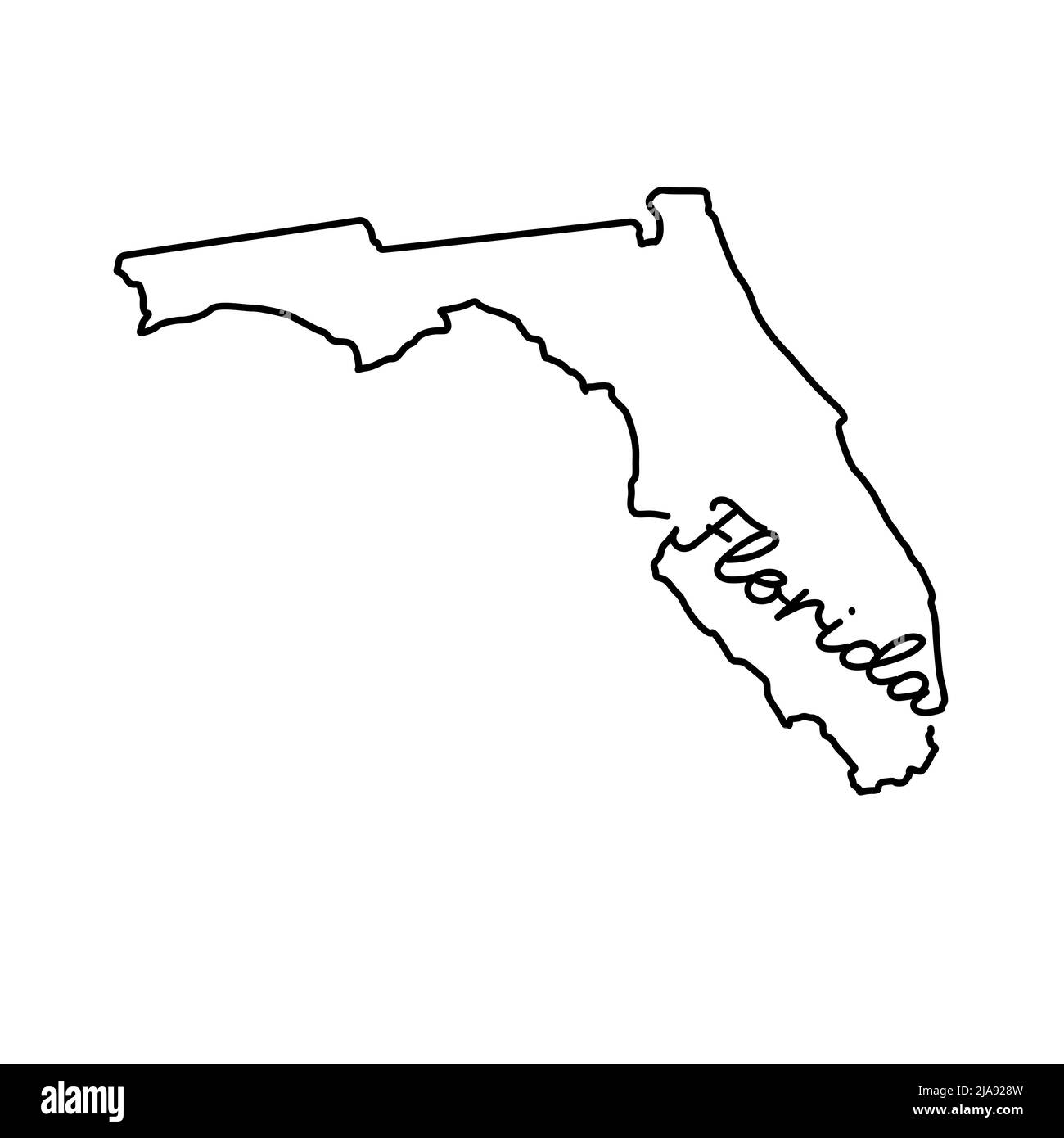 Florida US State Outline Karte mit dem handschriftlichen Staatsnamen. Kontinuierliche Linienzeichnung des patriotischen Heimatzeichens. Eine Liebe für eine kleine Heimat. T-Shirt pri Stockfoto