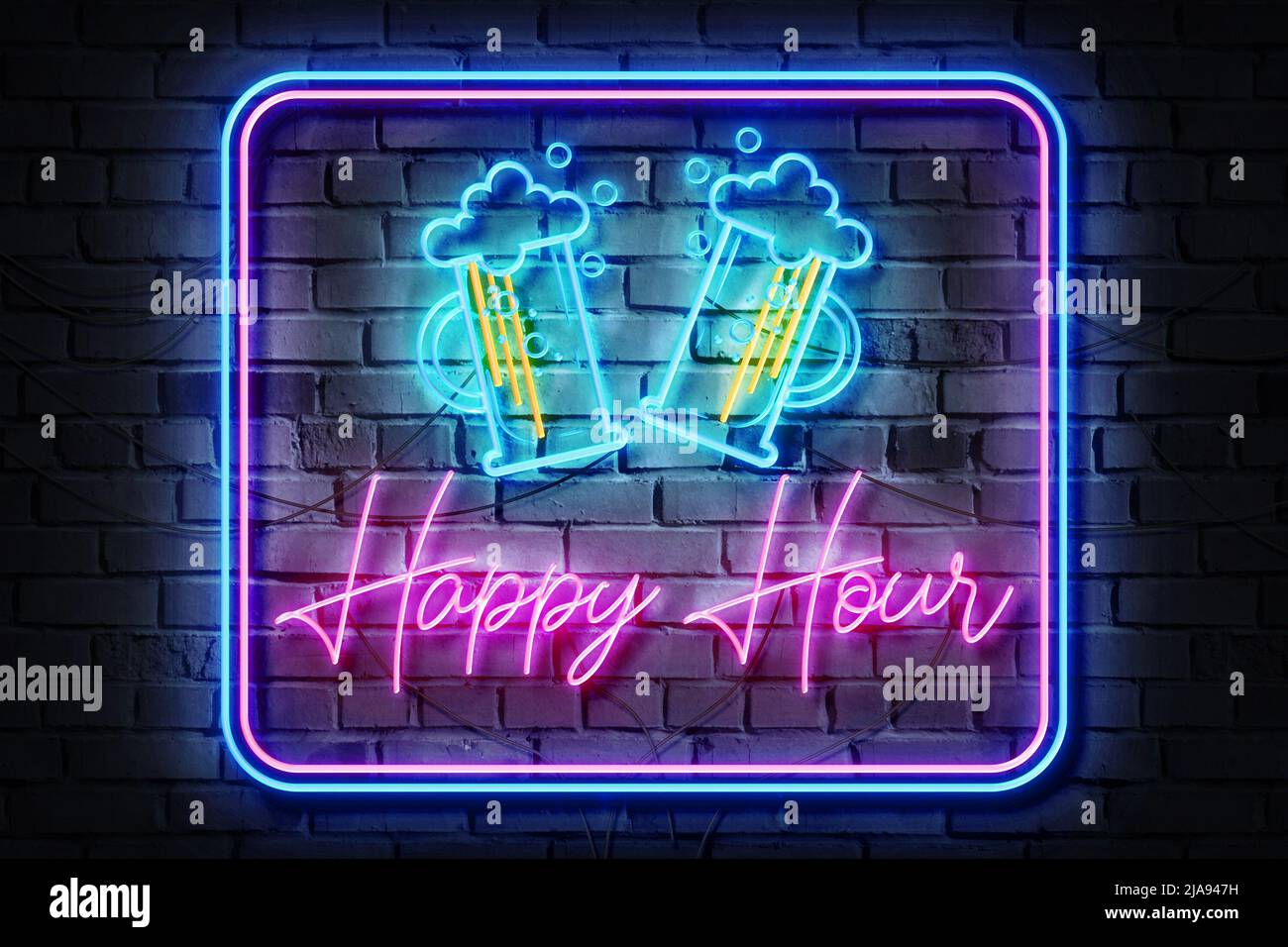 Happy Hour Neon-Schild an einer dunklen Wand Stockfoto
