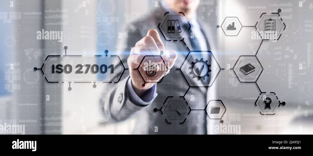 ISO 27001. Internationaler Informationssicherheitsstandard. Konzept der ISO-Normen Qualitätskontrolle Garantie Stockfoto