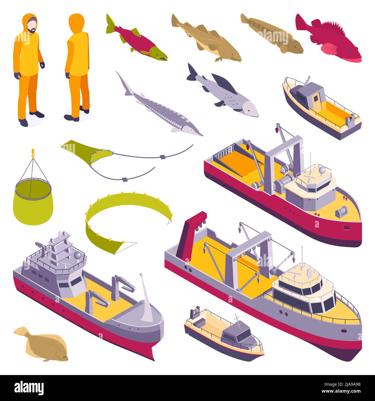 Kommerzielle Fischerei isometrischen Satz von Fluss Ozean- und Seefischerschiffe Boote und Trawler isoliert Vektor-Illustration Stock Vektor