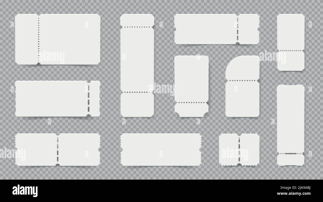 Set von realistischen leeren Ticket-Mockups auf transparentem Hintergrund mit verschiedenen Formen und Abriss Stiche Vektordarstellung Stock Vektor