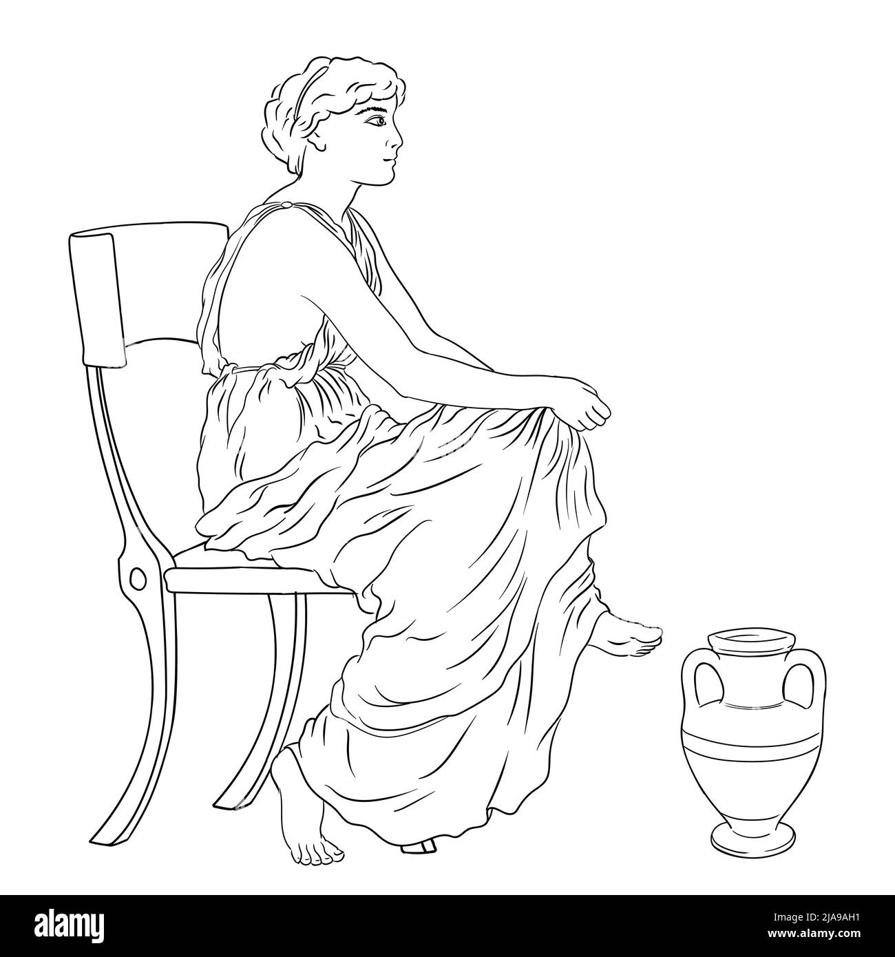 Die antike Griechin sitzt auf einem Stuhl in der Nähe eines Kännchens Wein. Abbildung isoliert auf weißem Hintergrund. Stock Vektor
