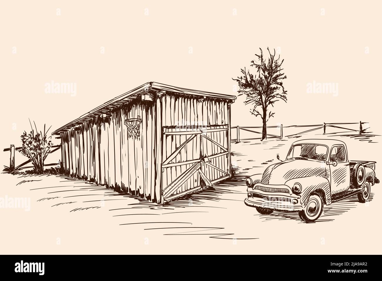 Ländliche Landschaft mit einem Bauernwagen neben einer alten Scheune mit geschlossenem Tor. Handskizze auf beigefarbenem Hintergrund. Stock Vektor