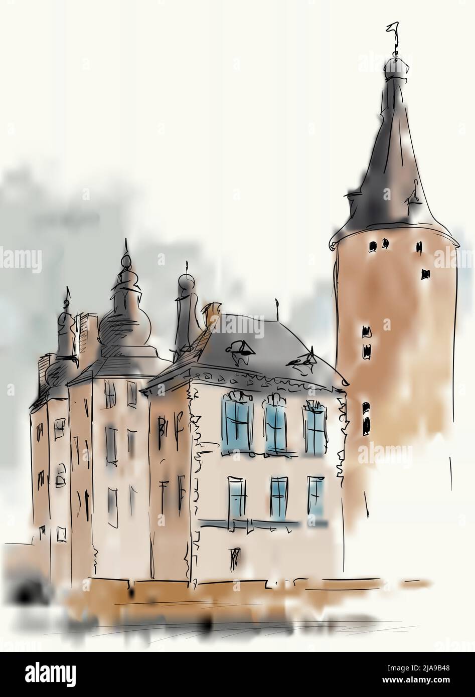Skizze der Straße einer alten europäischen Stadt mit Hochhäusern und einem Turm. Imitation eines Aquarellbildes. Stock Vektor