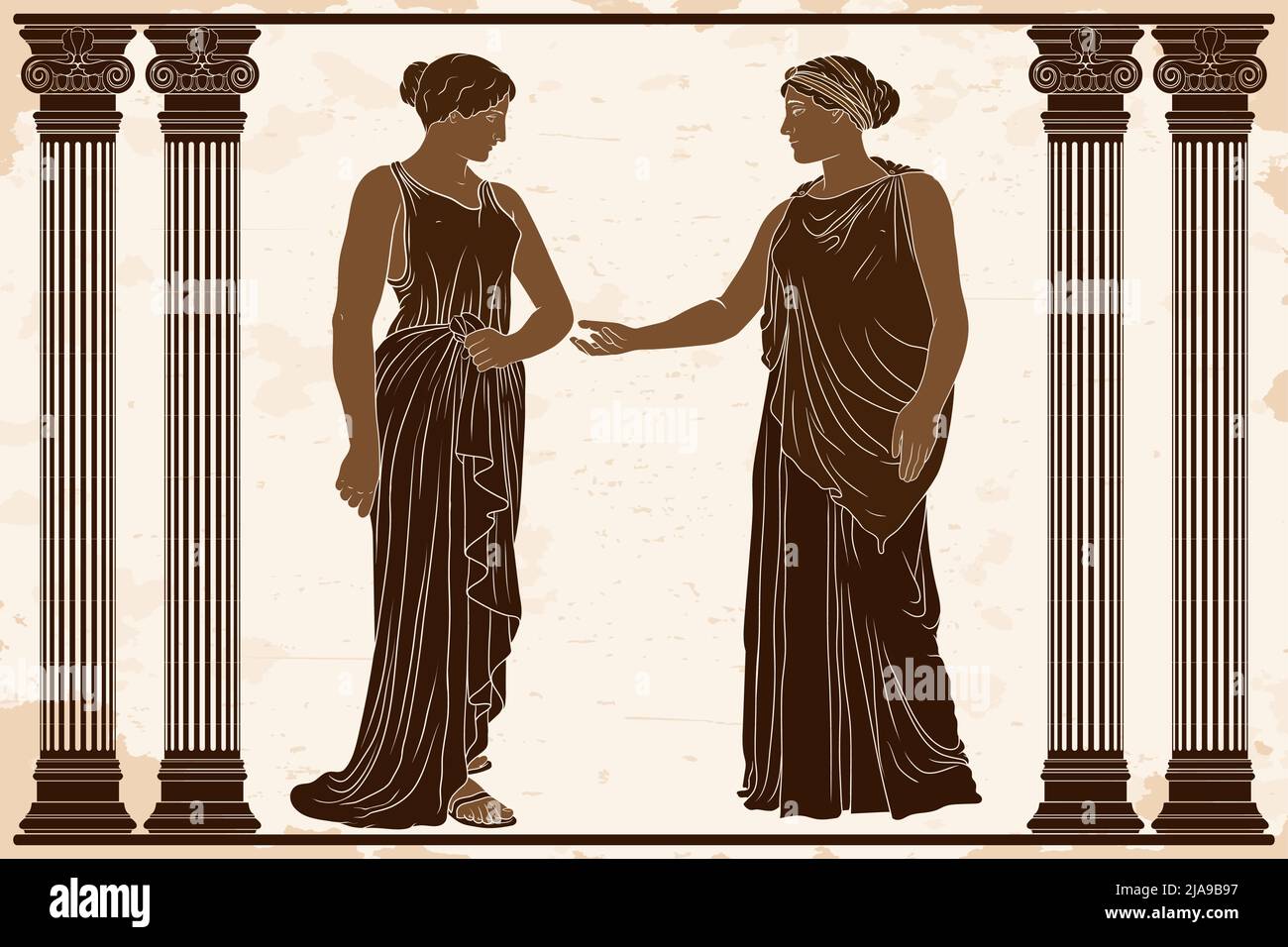 Zwei altgriechische Frauen in Tuniken stehen im Tempel zwischen zwei Säulen und reden. Stock Vektor