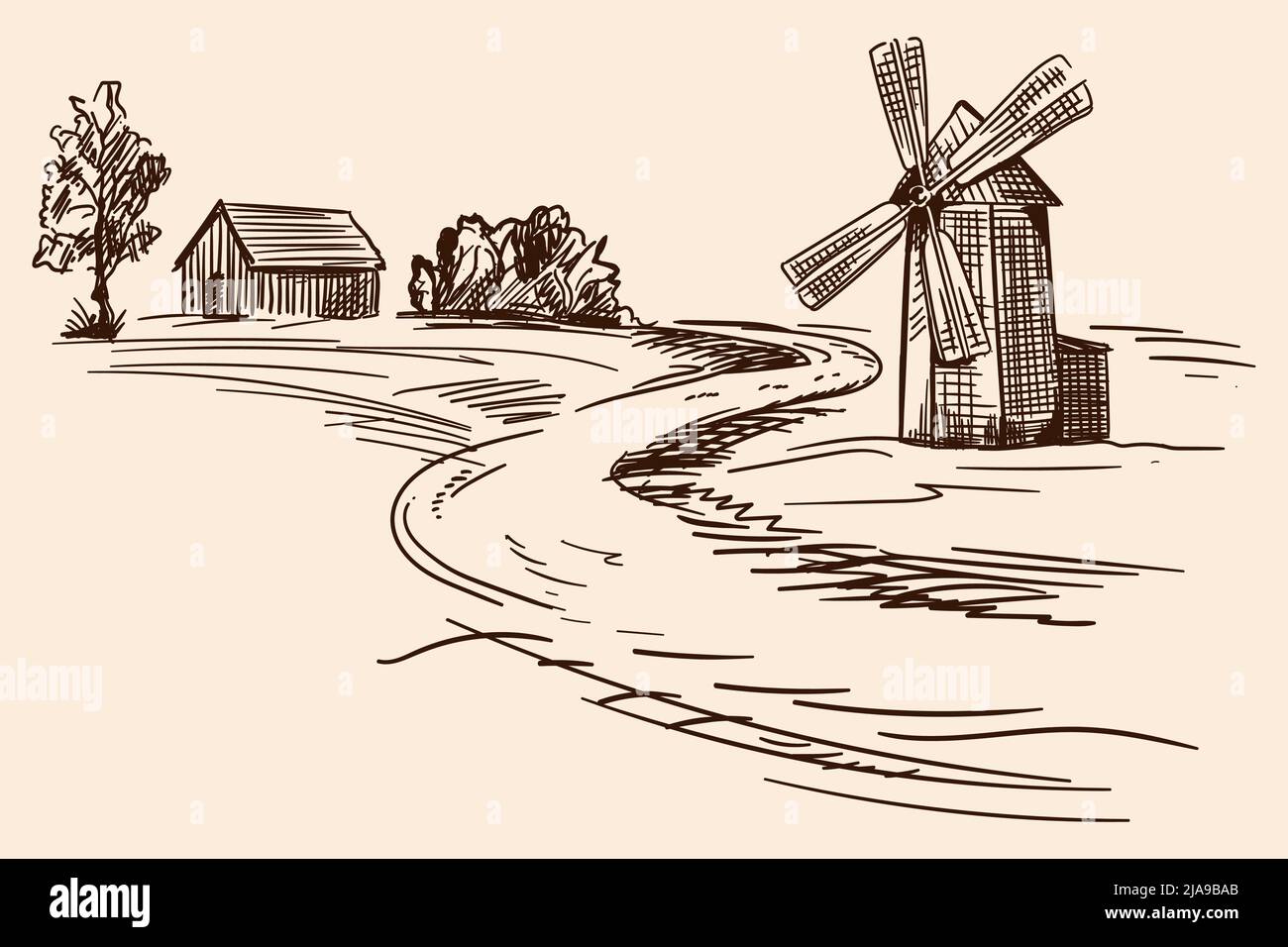 Landschaft mit Holzhäusern und einer Mühle. Bleistift-Handskizze auf beigem Hintergrund. Stock Vektor