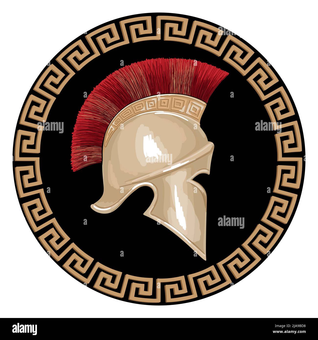 Helm des antiken griechischen Kriegerhopliten mit einem nationalen Mäander-Ornament isoliert auf weißem Hintergrund. Stock Vektor