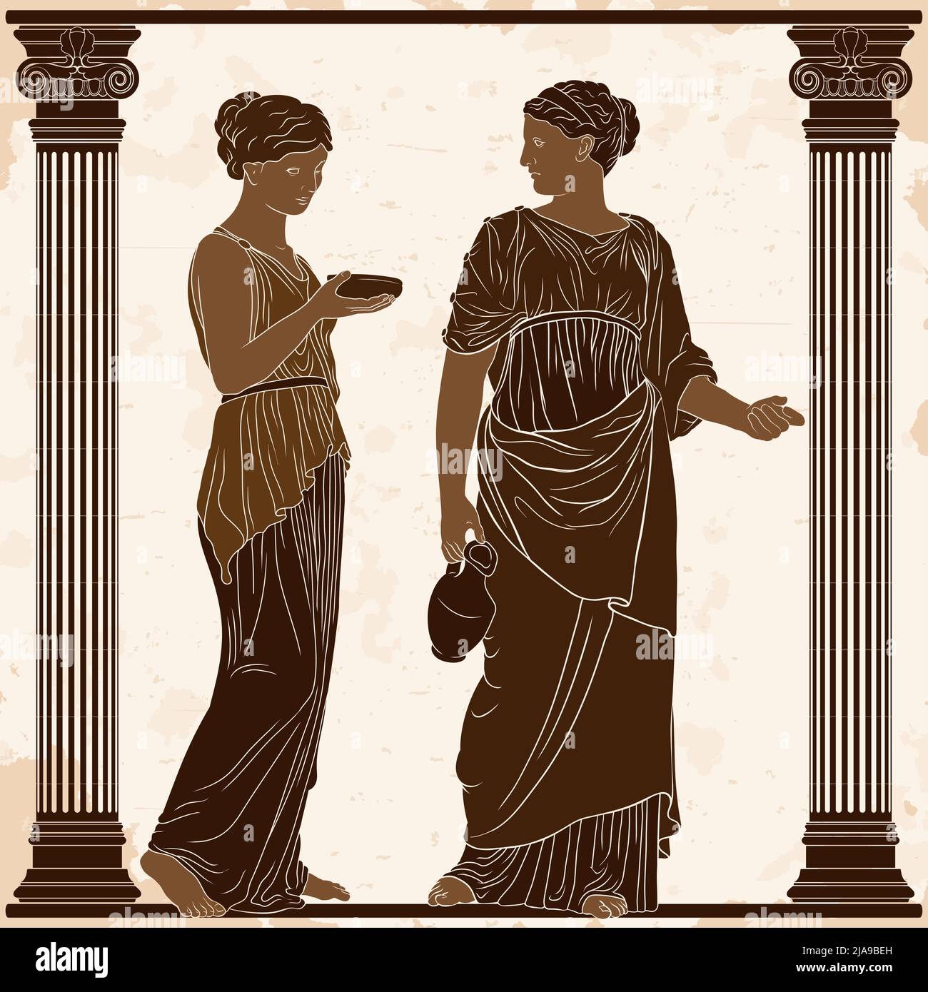 Zwei altgriechische Frauen in Tuniken mit einem Krug und einer Schale in den Händen stehen im Tempel zwischen zwei Säulen. Stock Vektor