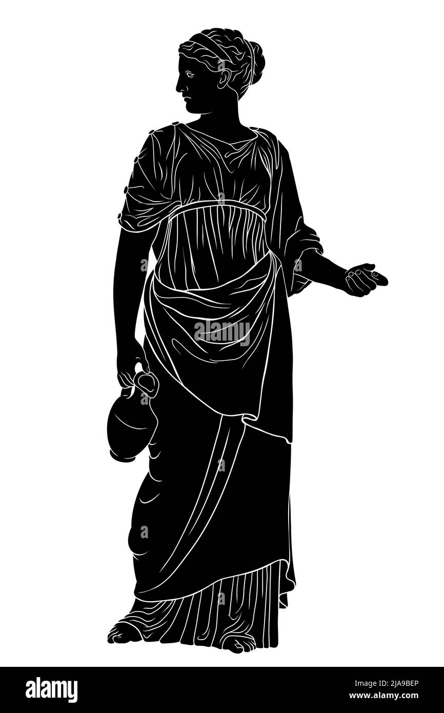 Eine junge, schlanke alte griechische Frau steht und hält einen Krug Wein isoliert auf weißem Hintergrund. Stock Vektor