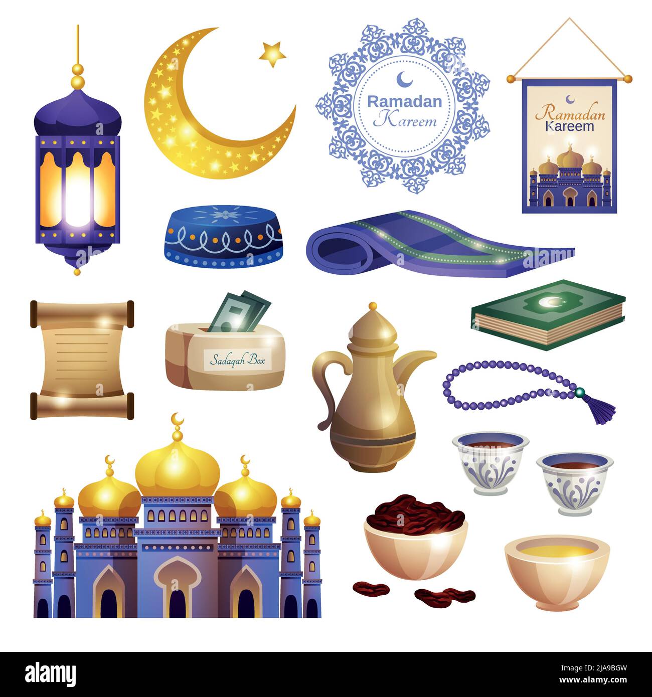 Ramadan Satz von isolierten Ikonen mit Moschee und koran Bücher mit Geschirr Teekannen und Gebetsperlen Vektor-Illustration Stock Vektor