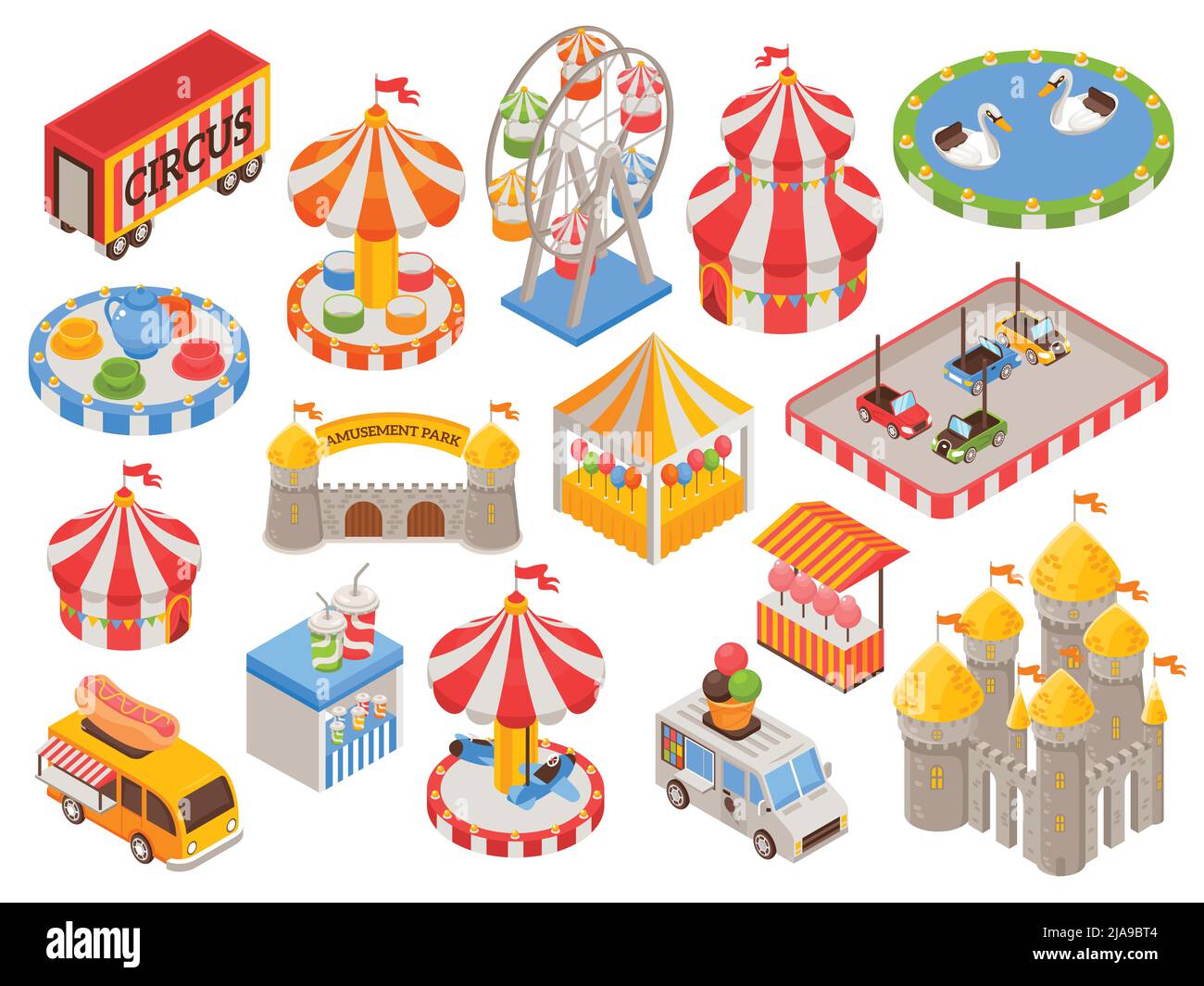 Isometrische Reihe von bunten Ikonen mit Zirkus Zelt Burg Karussell Lebensmittel LKW Autos Ferris Rad in Vergnügungspark isoliert Vektor-Illustration Stock Vektor