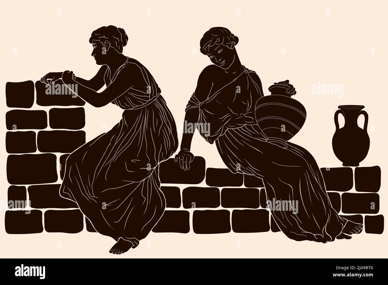 Zwei alte griechische Frauen sitzen auf einer Steinbrüstungsbrüstung mit Krügen und unterhalten sich. Stock Vektor