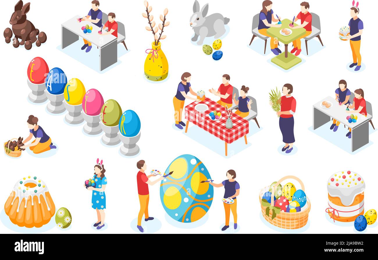 Set von isolierten ostern Symbole mit isometrischen Bildern von bemalten Eiern Kuchen süßen Hasen und Menschen Vektor-Illustration Stock Vektor