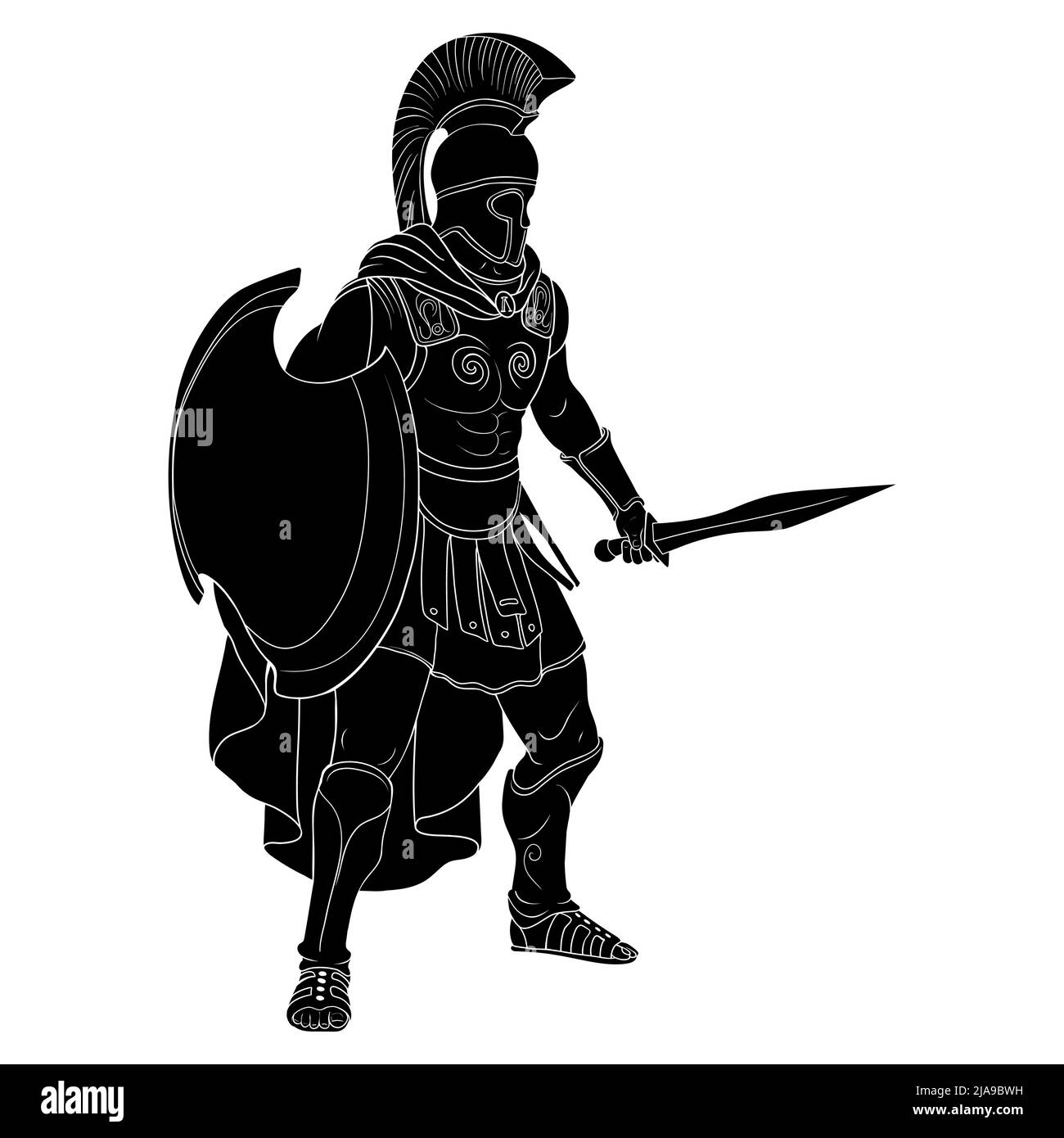 Krieger des Römischen Reiches in Rüstung und Helm mit Waffe in der Hand stehen bereit für Angriff und Verteidigung isoliert auf weißem Hintergrund. Stock Vektor