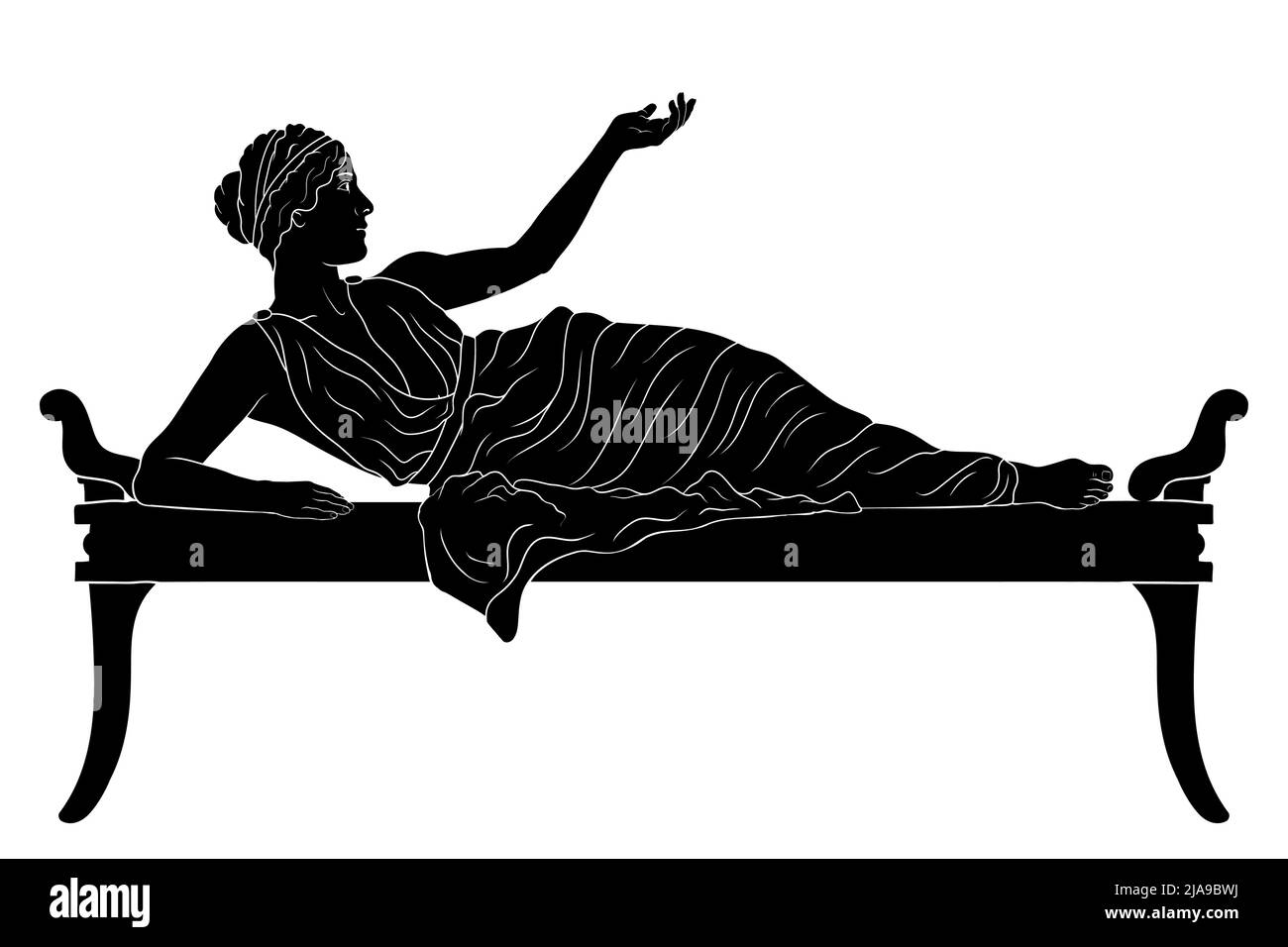 Eine junge alte Griechin liegt auf dem Bett und Gesten isoliert auf weißem Hintergrund. Stock Vektor