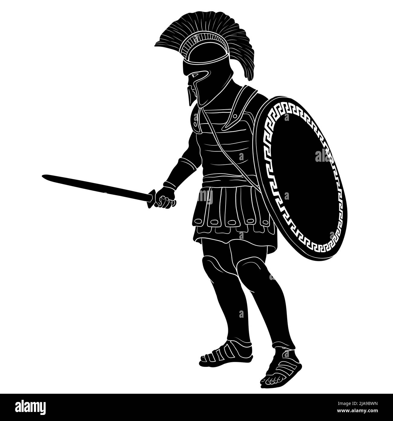 Der antike griechische Krieger mit einem Schwert und einem Schild in seinen Händen ist zum Angriff bereit. Vektordarstellung auf weißem Hintergrund isoliert. Stock Vektor