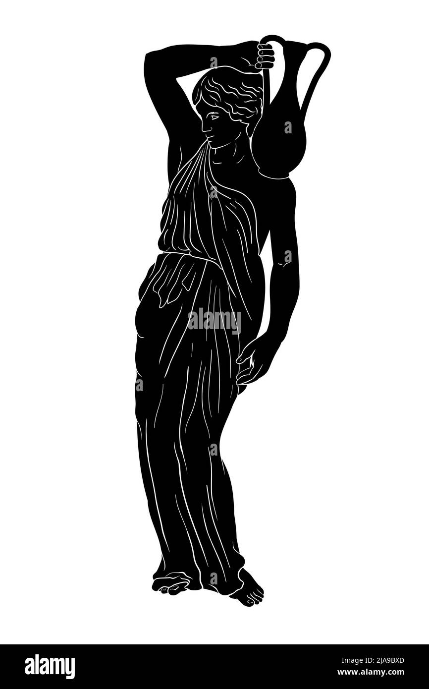 Eine junge, schlanke alte Griechin steht und hält einen Tonkrug auf ihrer Schulter. Stock Vektor