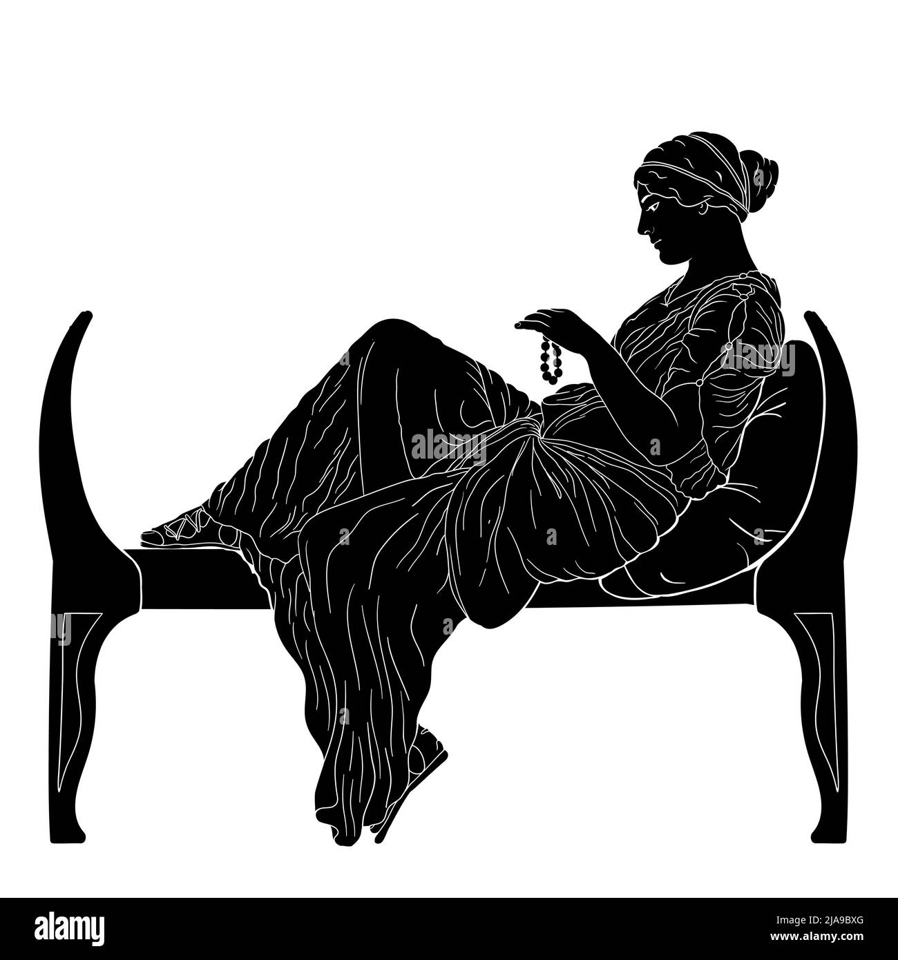 Eine junge griechische Frau sitzt auf einem Bett und hält Perlen in der Hand. Stock Vektor