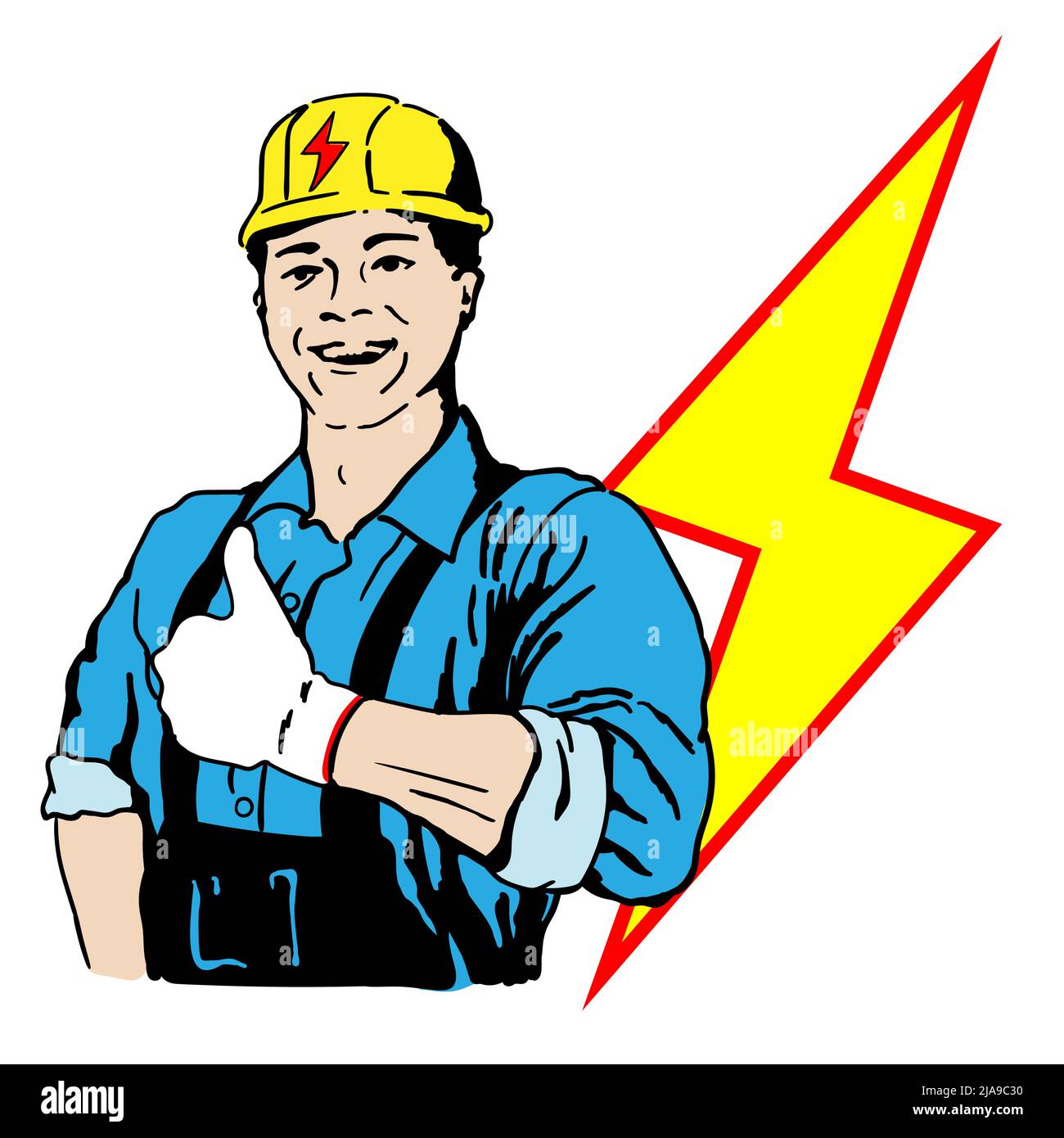 Ein Elektriker in Arbeitskleidung und einem Helm auf dem Kopf zeigt eine Geste der Zustimmung. Stock Vektor