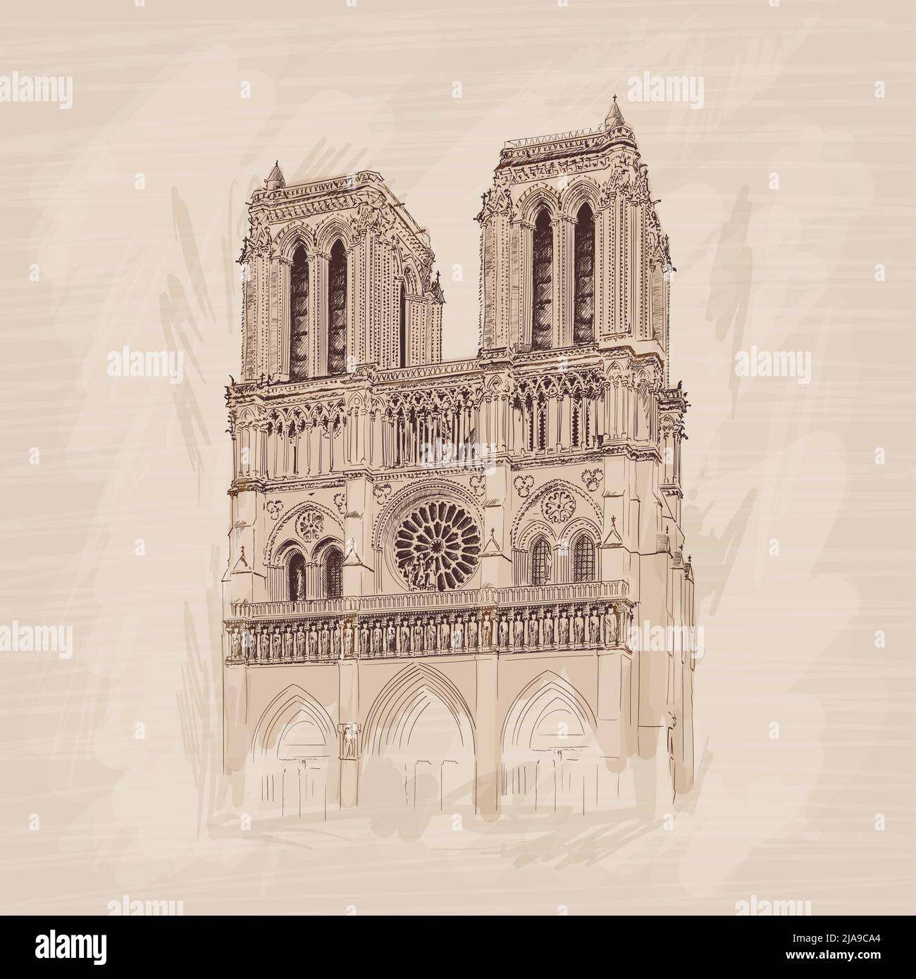 Notre Dame de Paris Gotische katholische Kathedrale in Paris Frankreich. Bleistiftskizze auf beigem Hintergrund. Stock Vektor