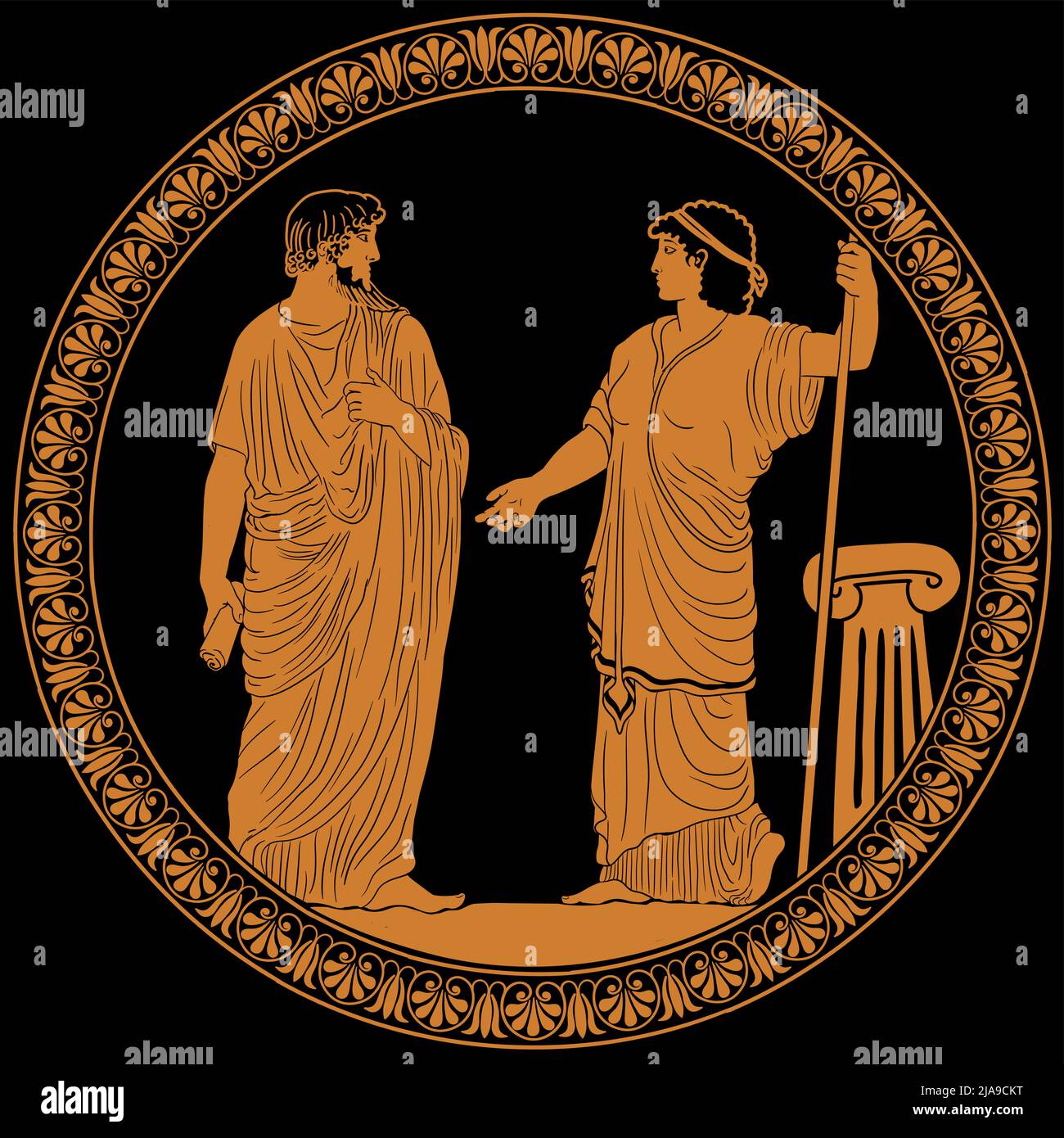 Ein alter griechischer Mann mit einer Schriftrolle in der Hand spricht mit einer Frau mit einem Stab. Zwei Figuren isoliert auf schwarzem Hintergrund. Antike Malerei auf dem Stock Vektor