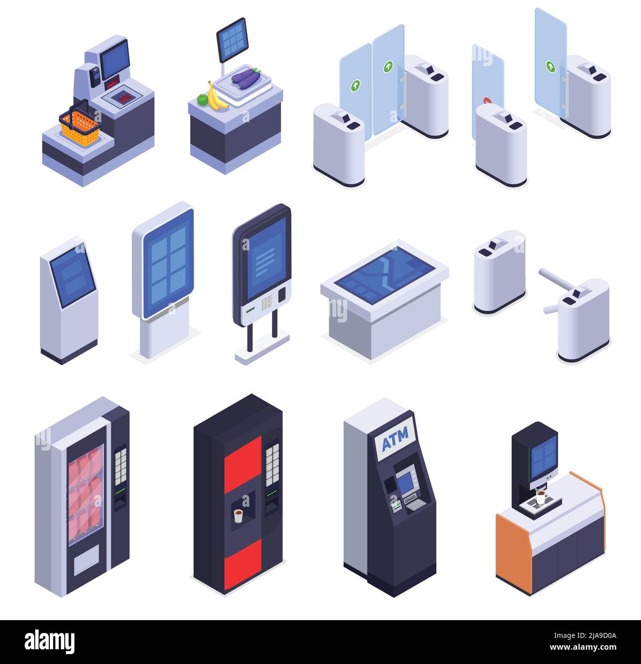 Schnittstellen isometrische Symbole mit 3D atm Information Kiosk Self Checkout Getränkeautomat Drehkreuz isoliert Vektor Illustration gesetzt Stock Vektor