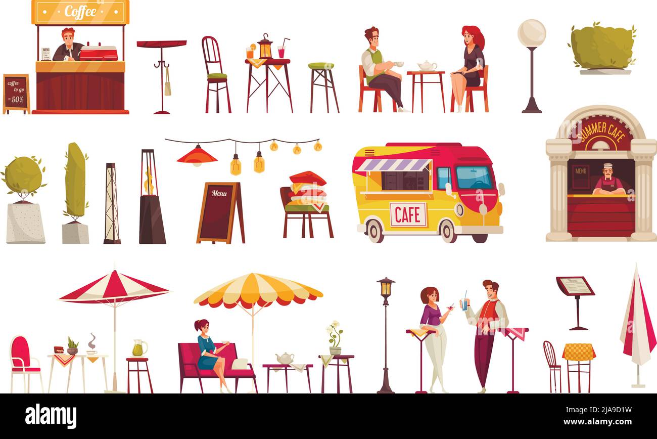 Straße Café Bar Restaurant Terrasse Service Fast Food Desserts Erfrischungen Bus Kunden Cartoon Set Vektor Illustration Stock Vektor