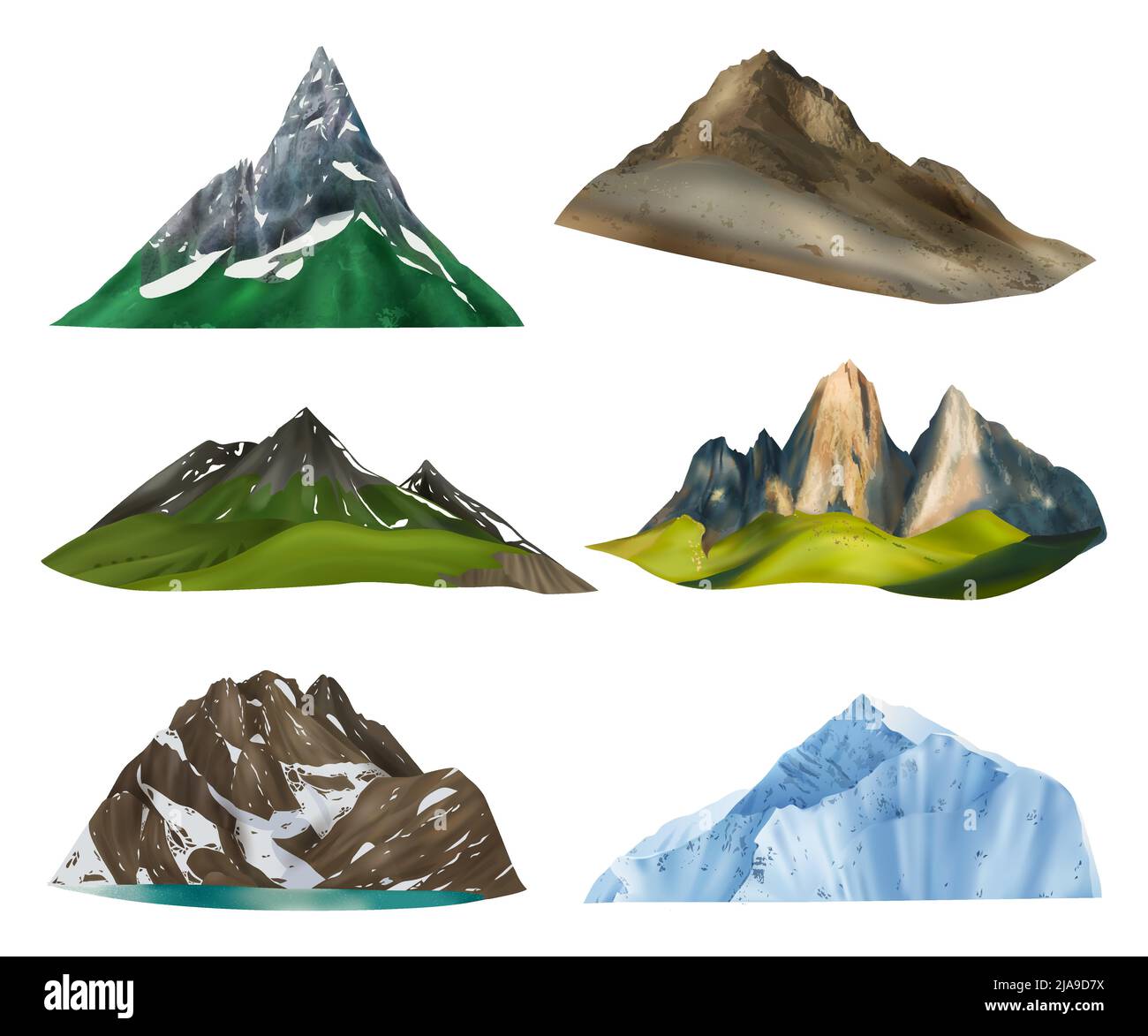Realistische Berge mit sechs isolierten Bildern mit Klippenbereichen zu verschiedenen Wetterzeiten und Höhenvektoren Stock Vektor