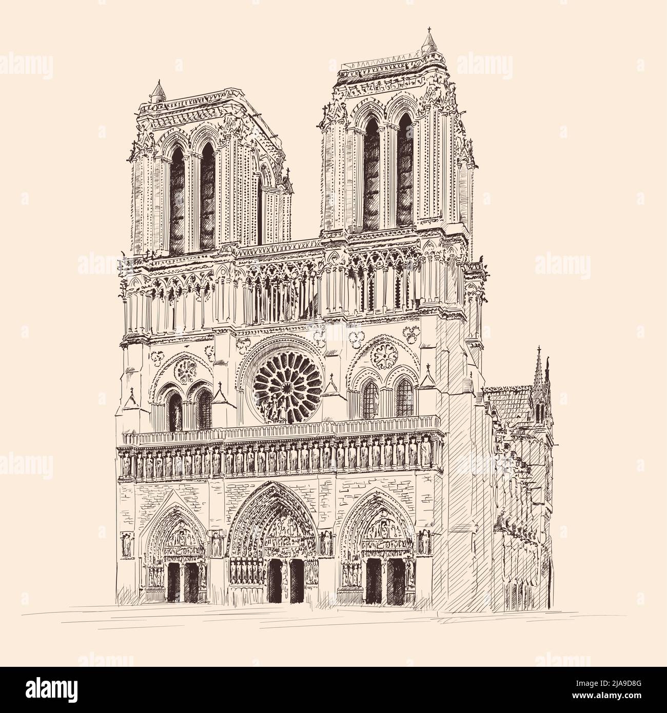 Notre Dame de Paris Gotische katholische Kathedrale in Paris Frankreich. Bleistiftskizze auf beigem Hintergrund. Stock Vektor
