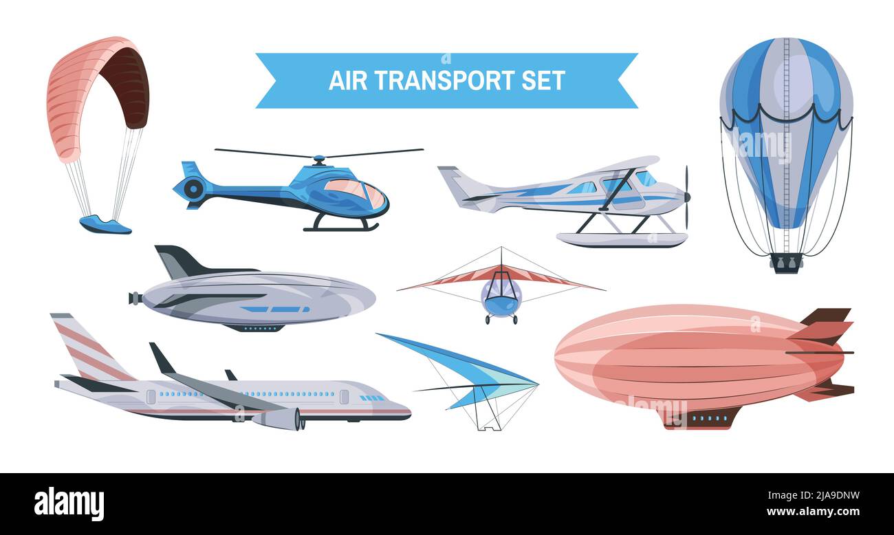 Farbsymbole von Luftfahrtausrüstungen in der Vorder- und Seitenansicht stellen eine flache Vektordarstellung ein Stock Vektor