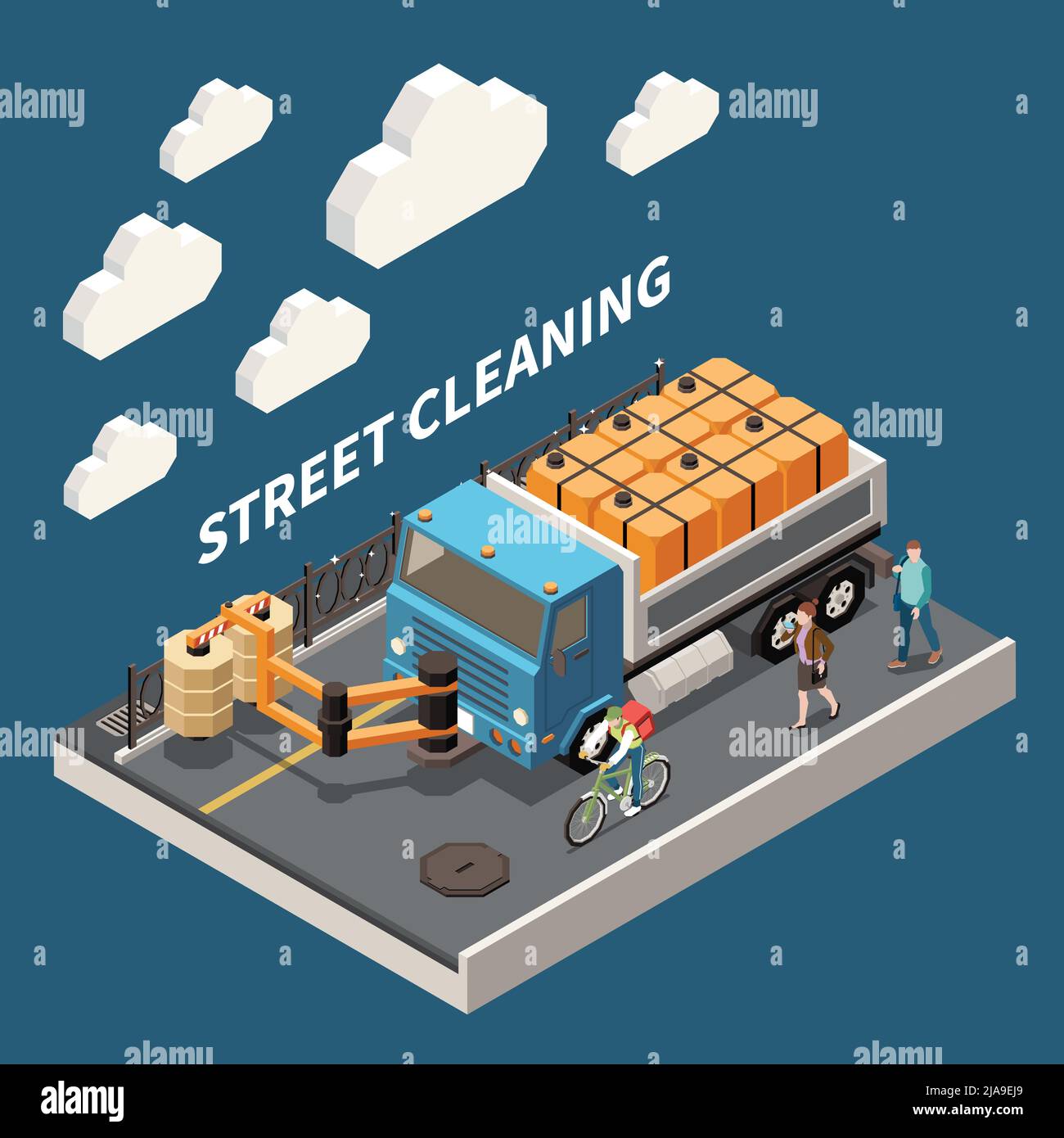 City Reinigung Maschinen Druckwäscher Kehrmaschine mit rollender Bürste Entfernen von Müll von Straßen Zäune isometrische Vektor-Illustration Stock Vektor