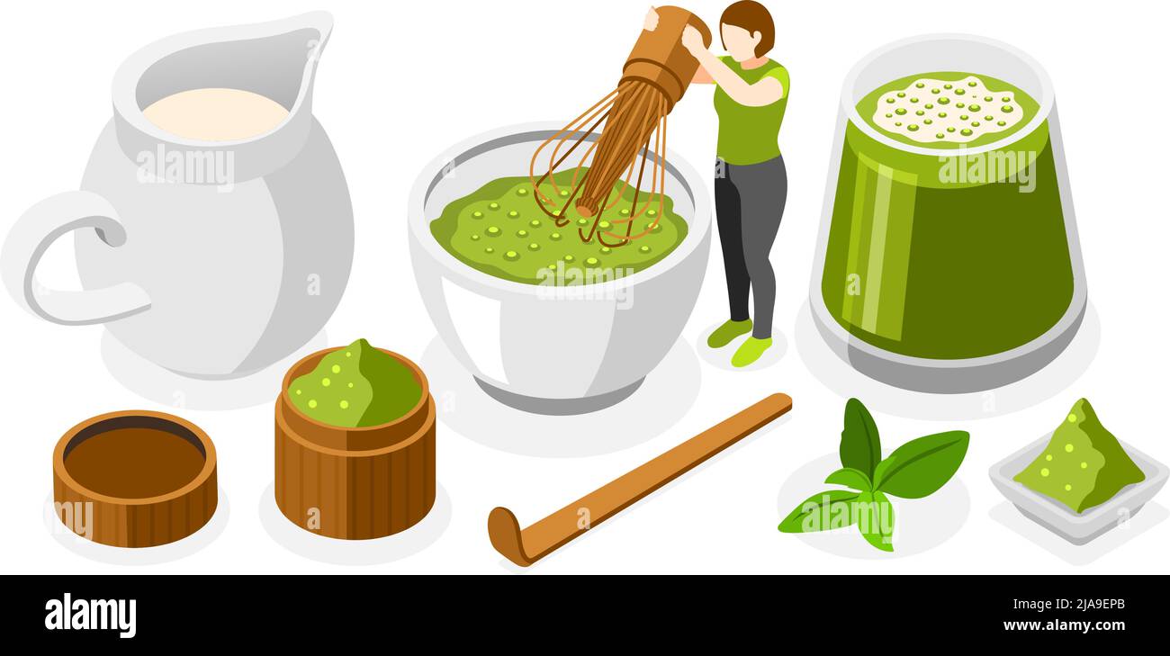 Teeset mit grünen Matcha-Teesymbolen isometrischer Vektor-Illustration Stock Vektor