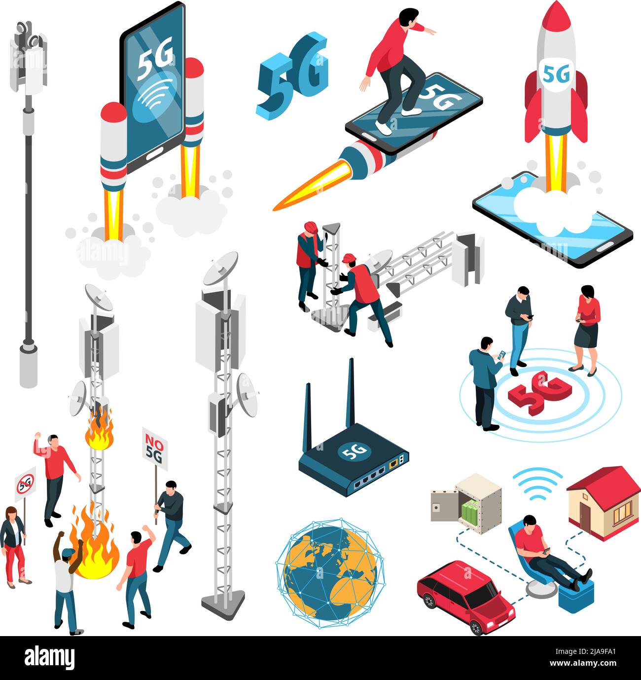 Hochgeschwindigkeits-Internet-Technologie isometrische Symbole Set demonstrierte Ausrüstung zur Förderung der Signalübertragung von 5G Standard isoliert Vektor-Illustration Stock Vektor