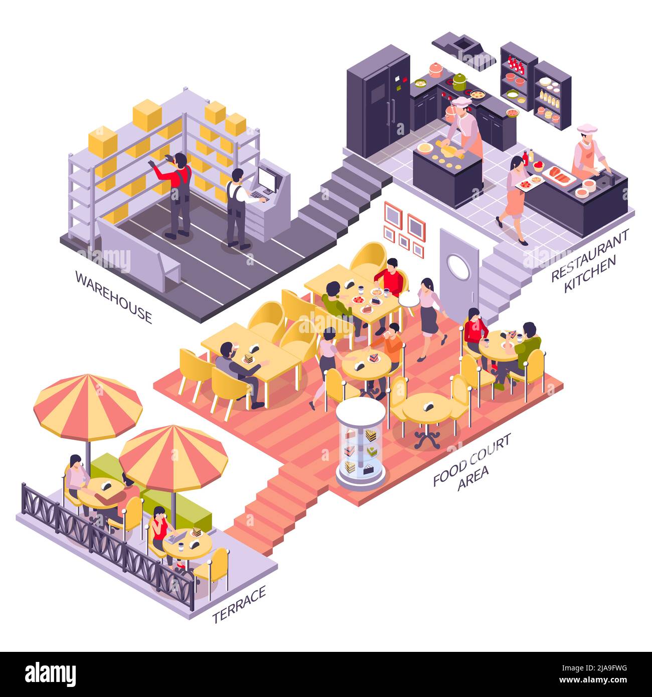 Vector Informatik Kantine Restaurant Cafe isometrische Infografiken 3D Schema des Restaurants ...