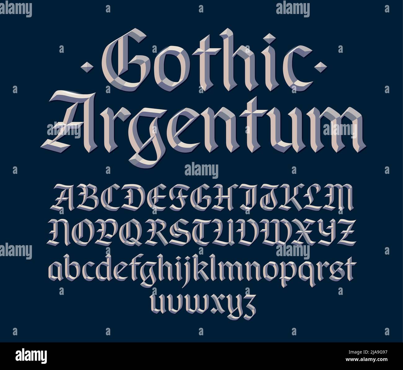 Gotische abgeschrägte Schrift, dekorative silbermetallische schrift mit 3D Buchstaben. Groß- und Kleinbuchstaben. Vektorgrafik. Stock Vektor