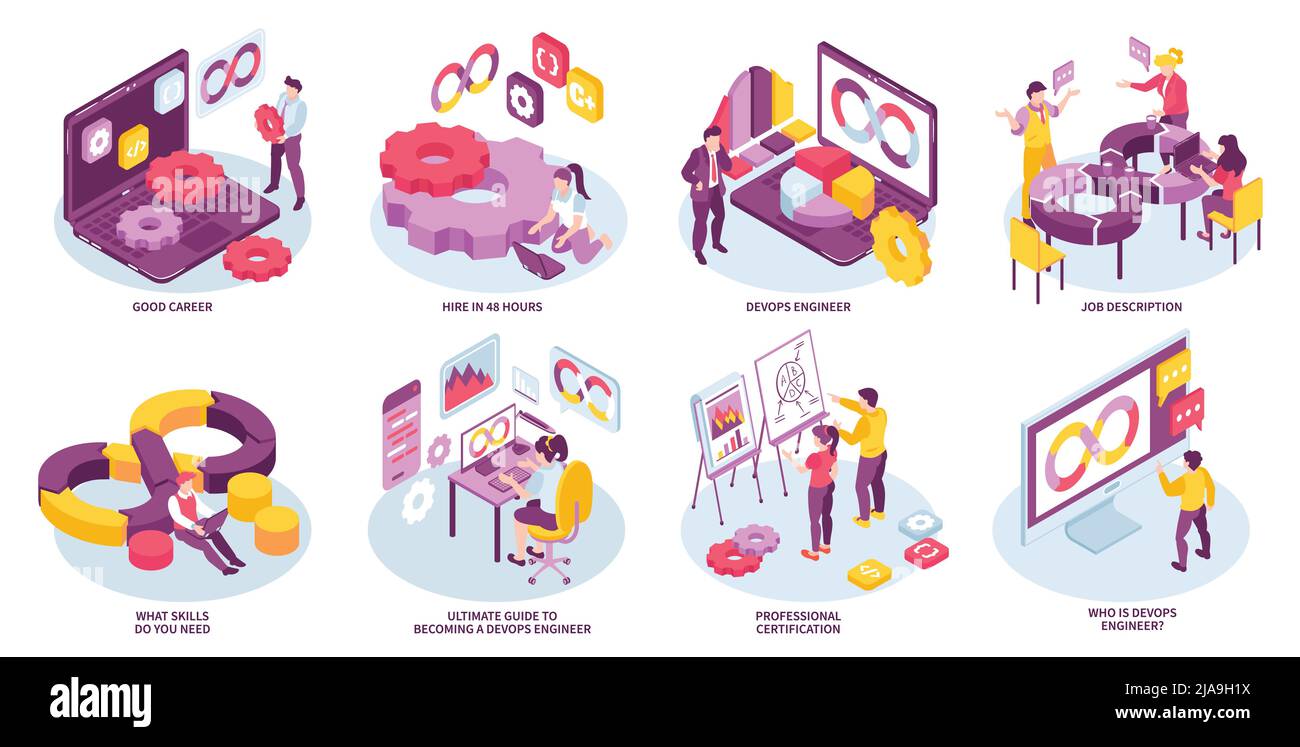 Job von devops Ingenieur isometrische Kompositionen mit Menschen Aktivitäten Computer Unendlichkeit Symbole isoliert auf weißem Hintergrund 3D Vektor illustrative Stock Vektor